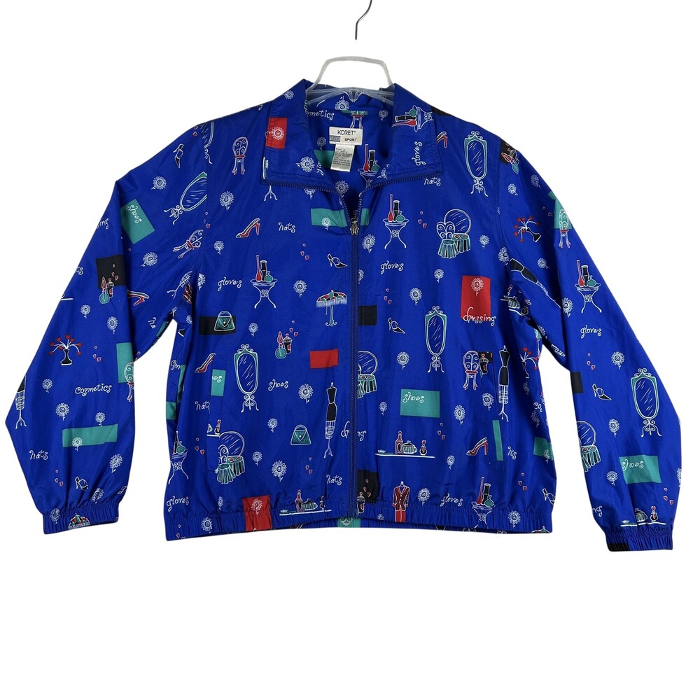 Vintage Koret Sport Jacket Womens Large Blue Novelty Print Shoulder Pads 80s